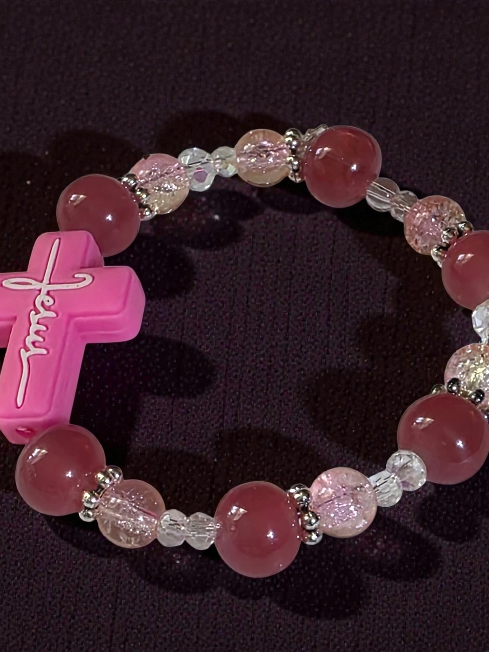 Handmade Crystal Pink Beaded Stretch Bracelet Christian Jesus Cross Charm NWT
​